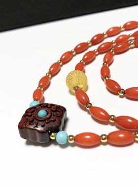 S342# 意大利红色米珠三圈手链 4*7.8mm 重14.82克 配小叶紫檀等