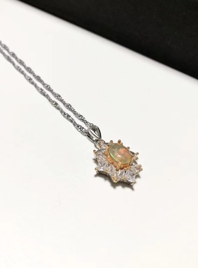 D84# 天然欧泊石吊坠彩宝轻奢锁骨链6*8mm 底托16*18mm