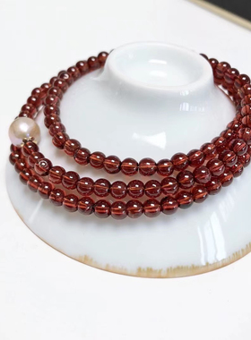 S445# 天然全净体酒红石榴石三圈手链4mm 女人石 配淡水灰珍珠8mm