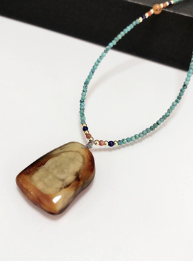 D1438# 天然原矿老蜜蜡带原皮宝宝佛吊坠 配原矿绿松石万能链