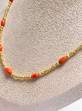 D1492# 天然红塑料小米珠项链8*4.5mm*8颗 锁骨链 配沙金