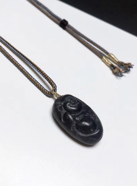 D976# 天然和田玉浓郁烟紫料开心佛公吊坠锁骨链 小挂件