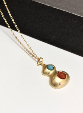 D182#天然南红绿松石S925纯银精工镶嵌宝葫芦吊坠项链26*16*6.5mm