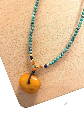 D1279#天然老蜜蜡饼平安扣吊坠16.5*14*7mm 配绿松石万能链2.5mm