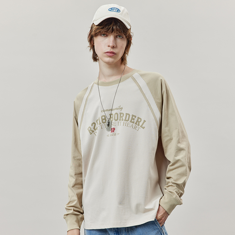 公鸡冠军长袖T恤男秋季新款宽松卡其个性印花插肩袖情侣重磅体恤 - 图0