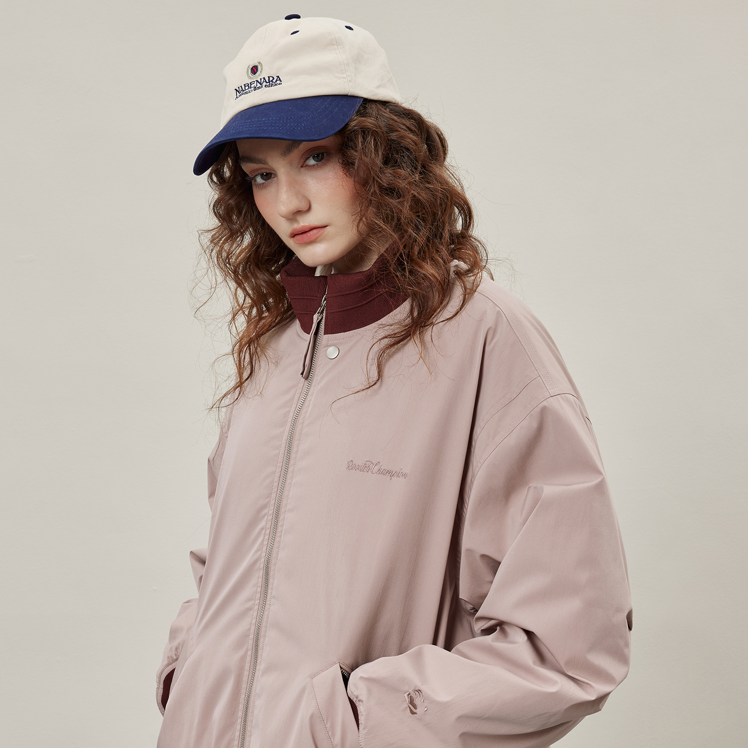 公鸡冠军灰粉飞行员棉服男冬季宽松美式刺绣撞色夹棉加厚保暖外套 - 图0