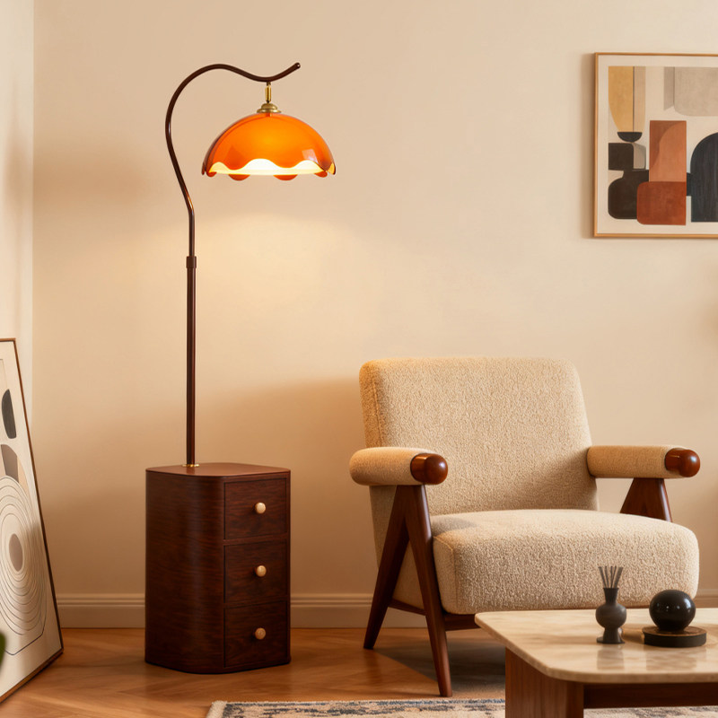 中古风卧室床头柜台灯一体落地灯置物架客厅沙发边复古氛围感台灯,淘宝优惠券,粉丝福利购,淘宝优惠卷