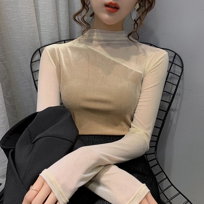 2021半高领网纱女秋拼接内搭打底衫 朵袖丽T恤