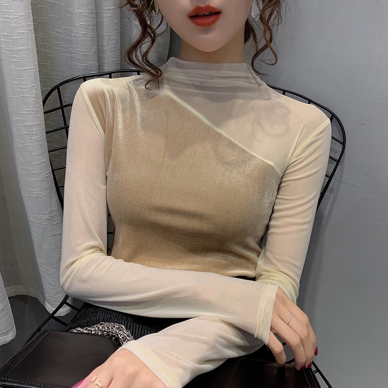 2021半高领网纱女秋拼接内搭打底衫 朵袖丽T恤