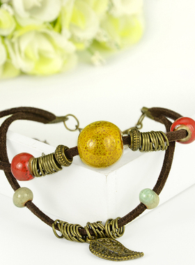 红珠手链带叶子波西米亚风原创