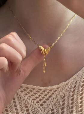铜合金吊坠 金色立体蝴蝶吊坠流苏项链女款中古锁骨链小众设计感