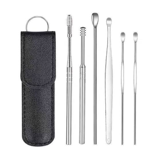 Ear scoop six-piece set of ear picking tools stainless steel ear scoop leather bag cleaner household yellow ear picking does not hurt the ear and shines