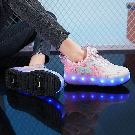 2025 New Girls Four-Wheel Knob Roller Skates Medium and Large Children Flash Skates Heelys Shoes Children's Luminous Shoes
