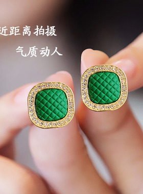 绿色方形时尚女S999银针耳饰耳环