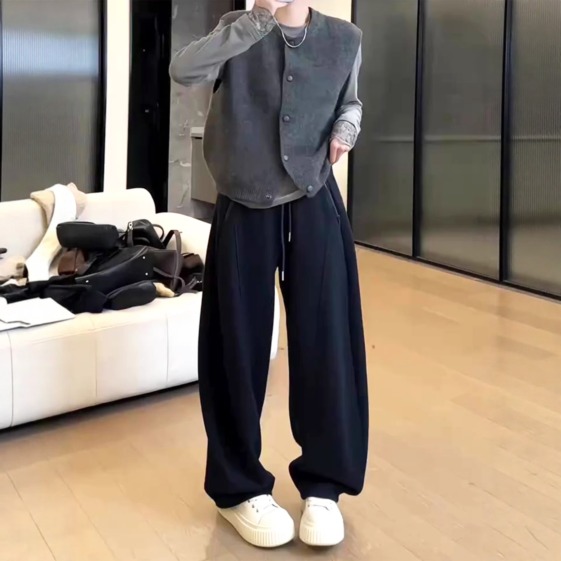 高个子加长藏青色弯刀阔腿裤女2026春秋新款高腰宽松抽绳运动卫裤,淘宝优惠券,粉丝福利购,淘宝优惠卷