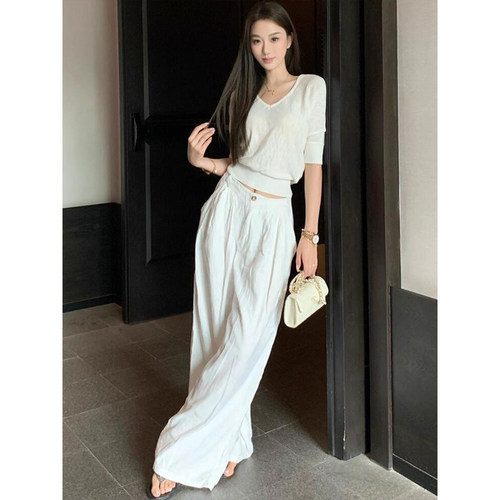 白色亚麻阔腿裤女夏季薄款2026新款高个子加长垂感老钱风棉麻裤子 - 图1
