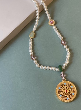 2024新款国风复古圆盘项链女新中式设计感葫芦五福圆牌吊坠颈链