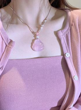 2024新款粉色玉髓天然石佛公吊坠编绳项链女新中式古风好运来配饰