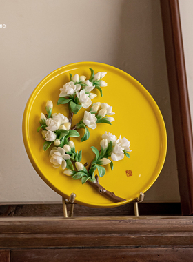 夫己纯手工陶瓷花花世界之圆盘茉莉花白色客厅餐厅玄关茶几摆件