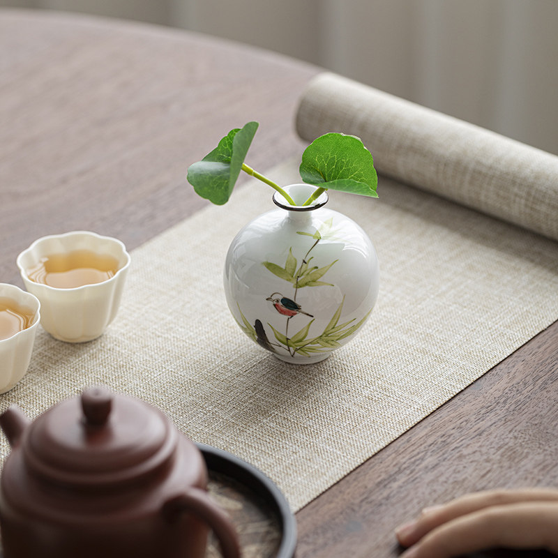 景德镇手绘竹叶小鸟花器居家摆件手工花瓶【赠干花】 摆书桌 中式