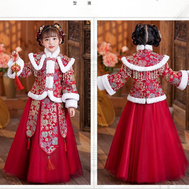 汉服冬款2025女童棉袄冬季加绒加厚拜年服拜年服儿童连衣裙 - 图1