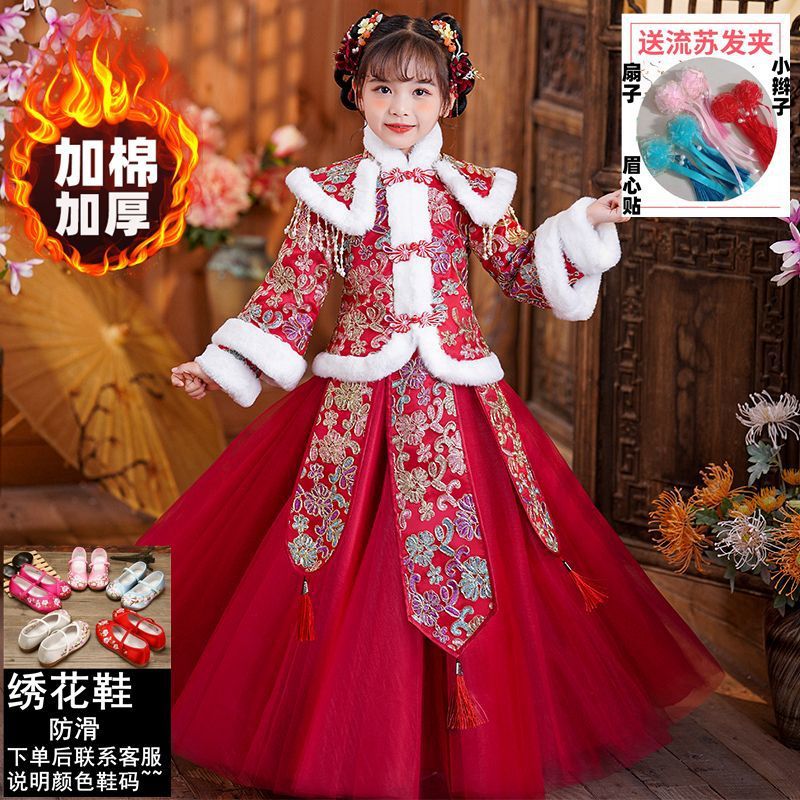 汉服冬款2025女童棉袄冬季加绒加厚拜年服拜年服儿童连衣裙 - 图0