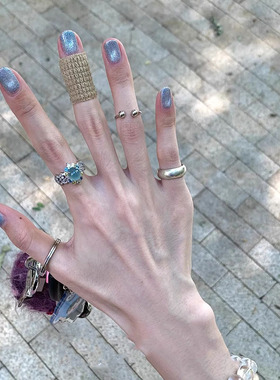 v金材质真金电镀叠戴海洋蓝宝钻戒开口戒指双球指环拉丝素圈