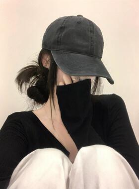 灰色复古水洗做旧大头围鸭舌帽女