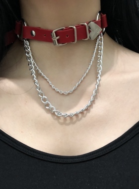 暗黑辣妹桃心皮质链条摇滚风项圈