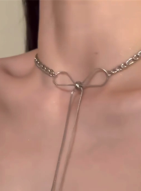 韩系清冷感银色蝴蝶结流苏锁骨链