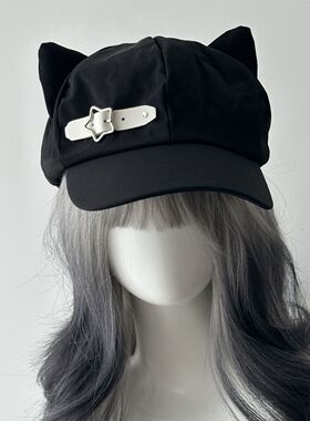二次元爱心猫耳朵帽子帽宅系可爱皮扣鸭舌帽女生爆款蓓蕾帽子秋冬