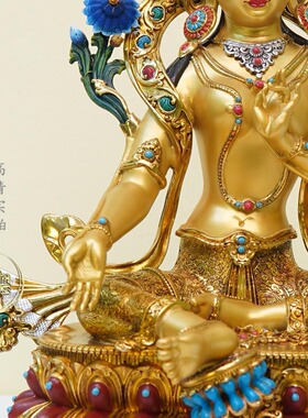 尼泊尔工艺精工铜制半彩绘绿度母佛像纯铜手工錾刻供奉菩萨像摆件