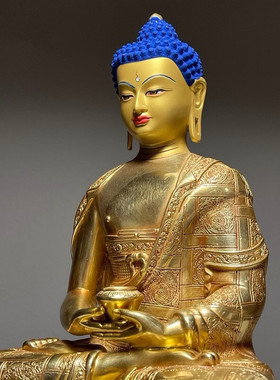 藏传铜鎏金药师三宝释迦佛像摆件