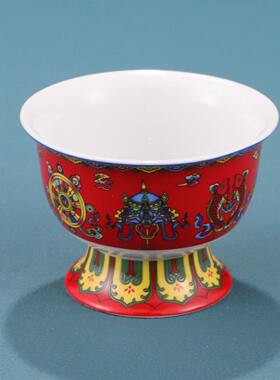 珐琅彩高脚陶瓷供水杯八吉祥莲花供佛杯斋饭碗净水杯圣水杯七供碗