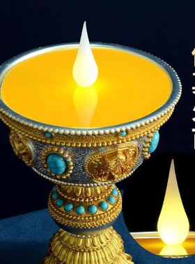 树脂八吉祥雕花LED仿真电子酥油灯佛前灯座蜡烛台长明灯充电供灯