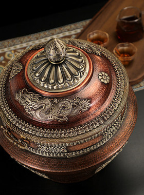 藏式纯铜糌粑盒民族风八吉祥储物罐糖果盒米盒青稞盒家居供奉摆件