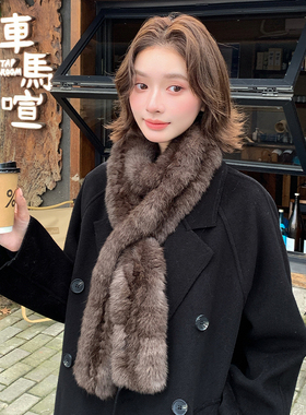 轻奢款兔毛大围脖气质秋冬重工编织皮草围巾双面加厚保暖毛领围巾