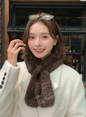 紫貂色氛围感雪兔毛编织围巾女双面保暖加厚皮草围脖交叉毛毛领子