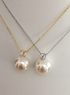 天然深海贝壳珍珠项链925纯银锆石吊坠戴王妃款经典可调节锁骨链