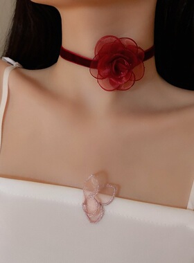 网纱布艺花朵锁骨链女