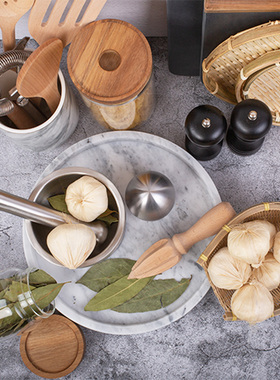 厨房软装饰品实木大理石托盘摆件