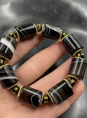 天然缠丝玛瑙手链筒珠手链黑玛瑙手链