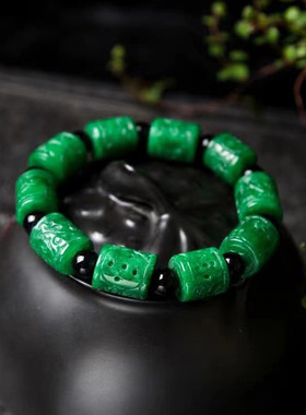干青翠玉石路路通手链雕花筒珠 隔玛瑙珠翡翠色手链男士女士手串