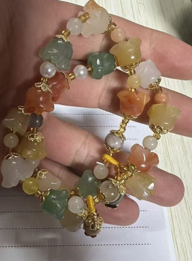 天然金丝玉风铃款式手链 彩色玉石石英岩兰花款式珠子手链 精美