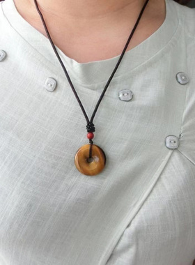 天然黄虎眼石平安扣吊坠 虎睛石本命年护身符项链挂件男女项坠