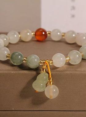 金丝玉手链葫芦配珠石英岩白玉手链红配珠