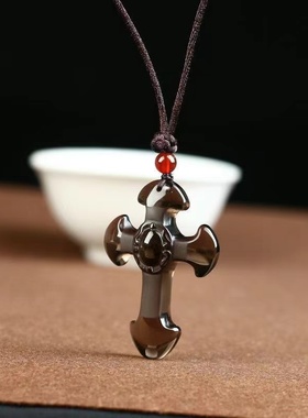 天然冰种黑曜石十字架吊坠玉石黑曜石男女款挂坠项链时尚挂件礼物