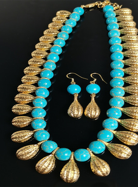 琉璃项链毛衣链新款绿松石黑金套装个性夸张琉璃中古饰品时尚首饰