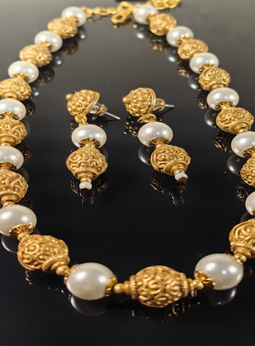 套装珍珠琉璃夸张个性中古首饰复古流行青岛饰品耳钉项链手工琉璃