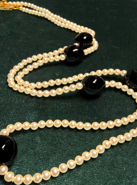 青岛中古vintage手工琉璃套装中古毛衣链异形珍珠黑色异形项链